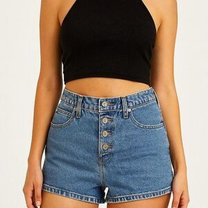 vintage Y2K 2000s retro  High-waisted, light blue, button fly denim shorts